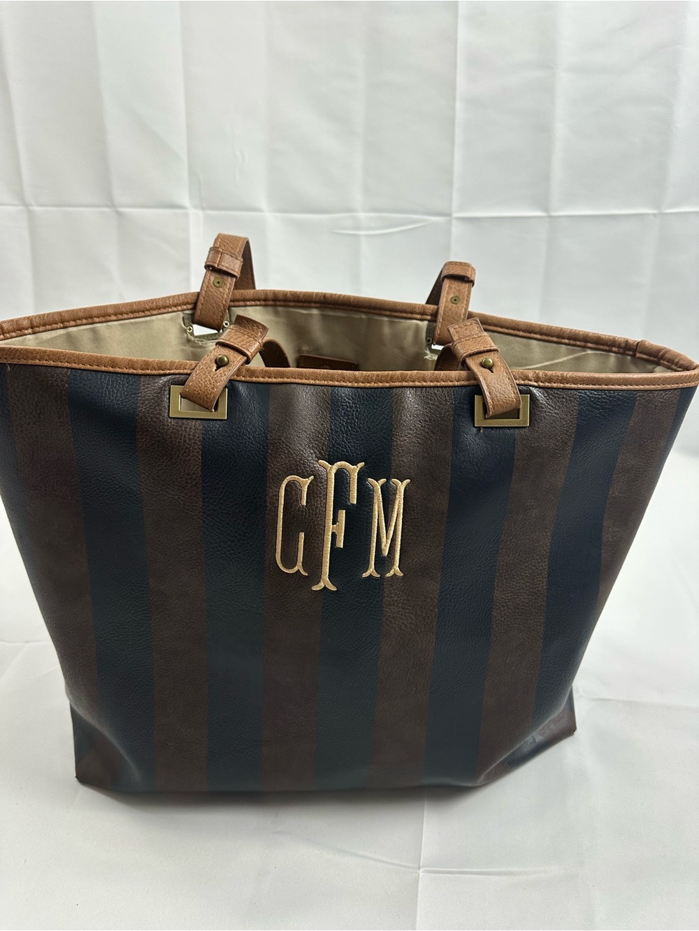 Michael Kors Navy and Brown Striped Tote with Monogram